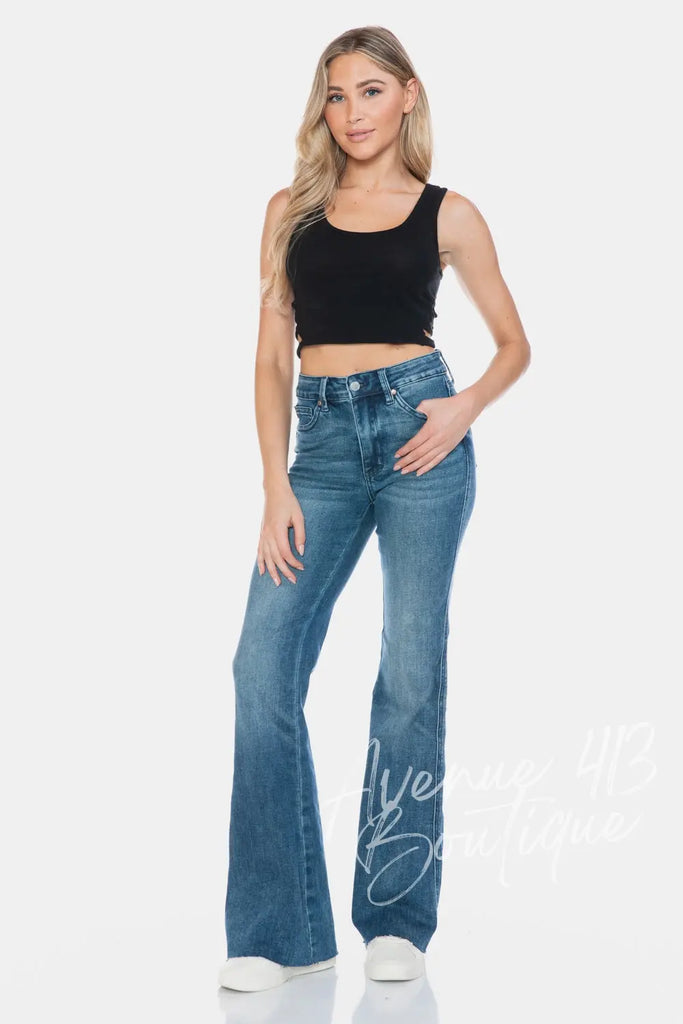 Judy Blue Full Size Tummy Control Cut Hem Flare Jeans Trendsi