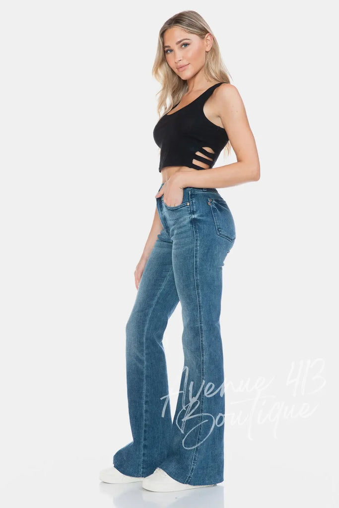 Judy Blue Full Size Tummy Control Cut Hem Flare Jeans Trendsi