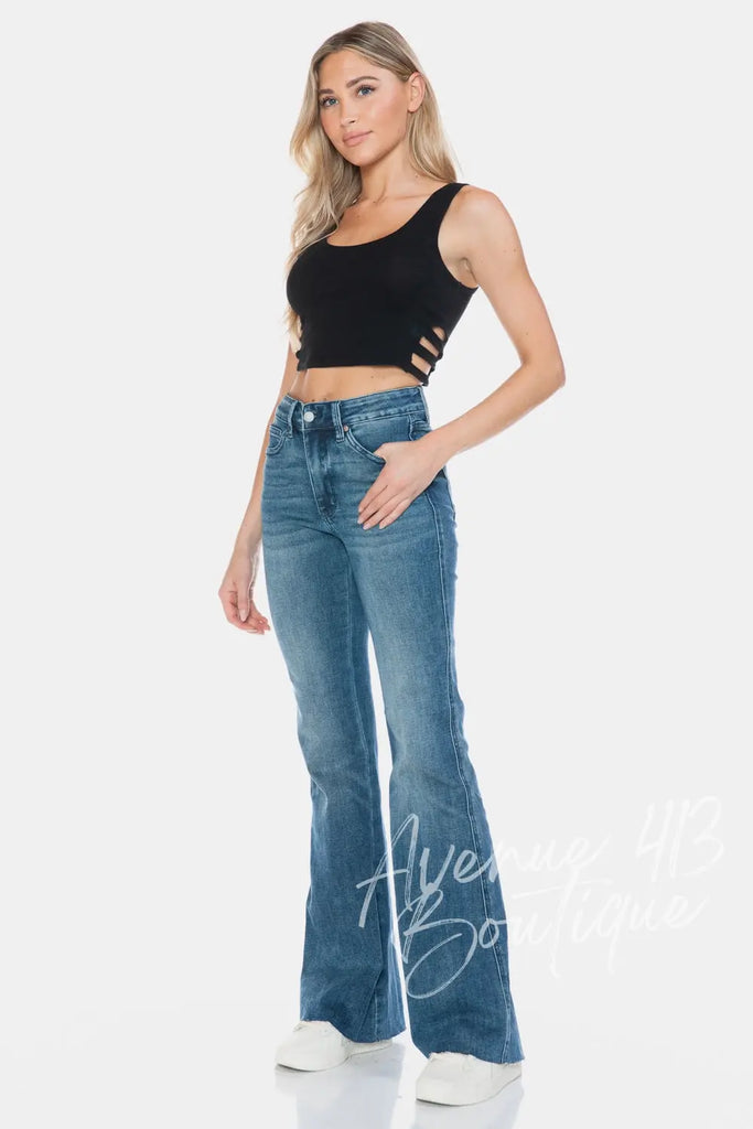 Judy Blue Full Size Tummy Control Cut Hem Flare Jeans Trendsi