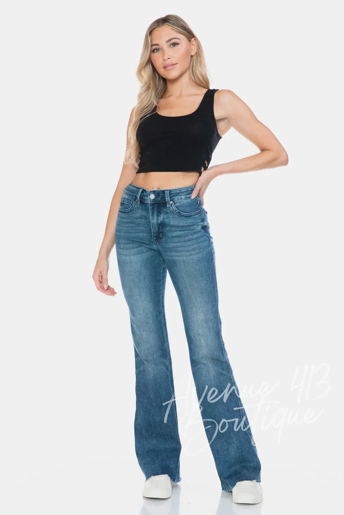 Judy Blue Full Size Tummy Control Cut Hem Flare Jeans Trendsi