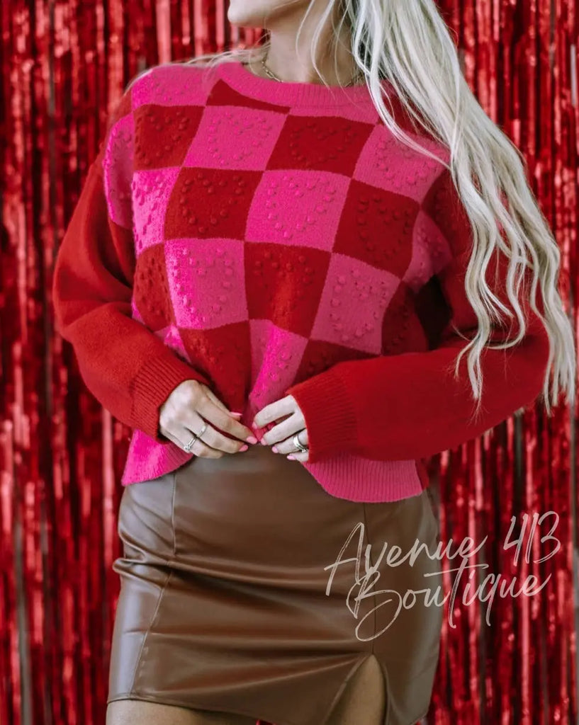 Checker Heart Long Sleeve Sweater: L / Multi-Colored Pretty Bash