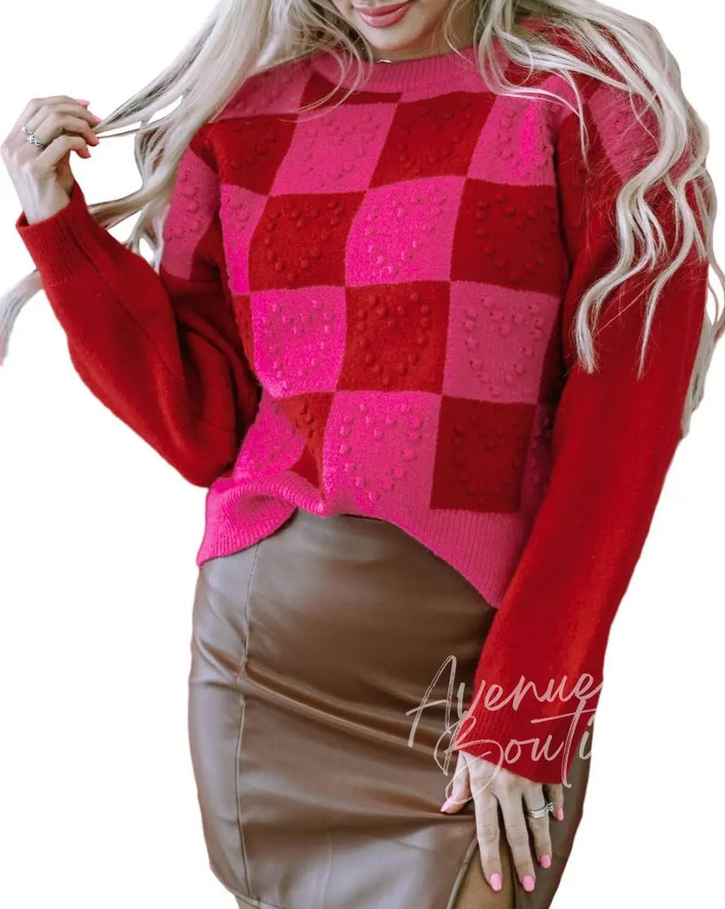 Checker Heart Long Sleeve Sweater: L / Multi-Colored Pretty Bash