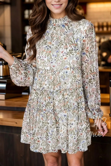 Printed Mock Neck Long Sleeve Mini Dress Trendsi