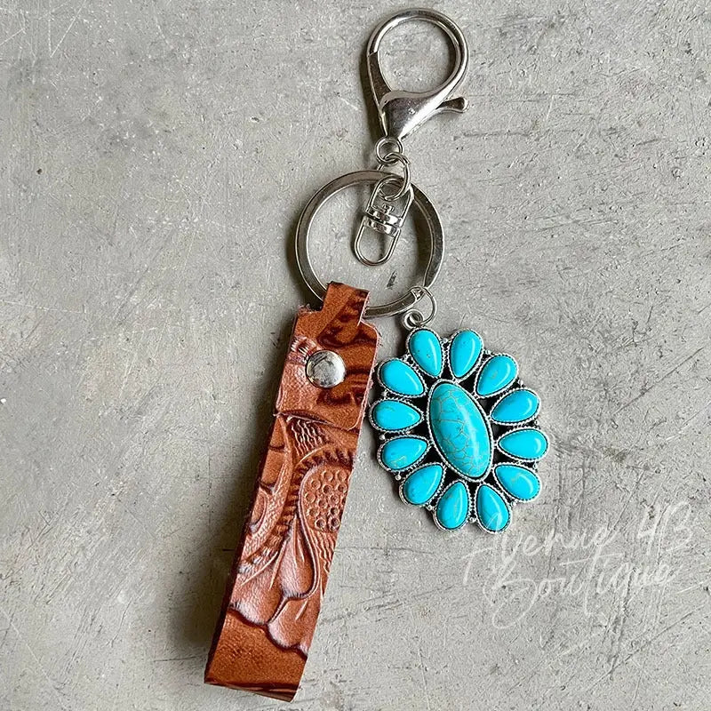 Turquoise Genuine Leather Key Chain Trendsi