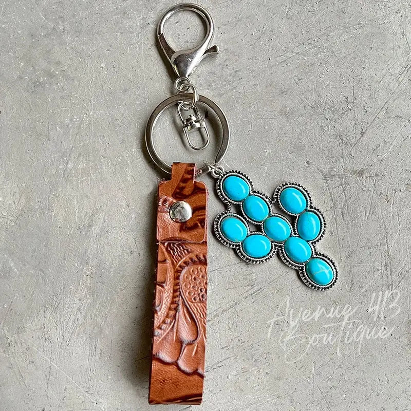 Turquoise Genuine Leather Key Chain Trendsi