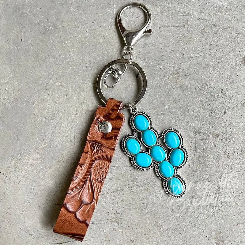 Turquoise Genuine Leather Key Chain Trendsi