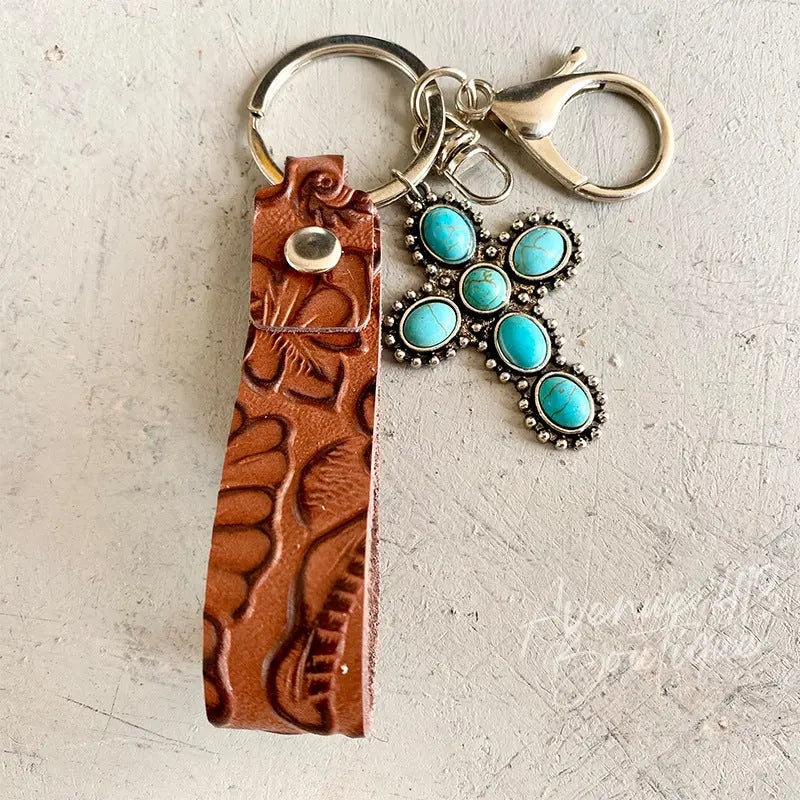 Turquoise Genuine Leather Key Chain Trendsi