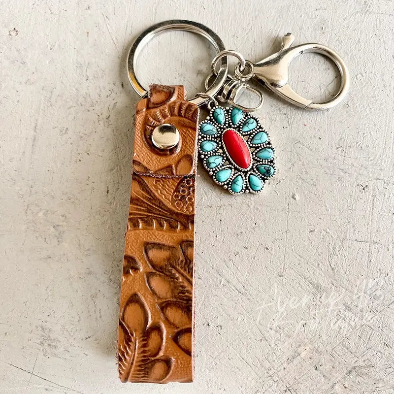 Turquoise Genuine Leather Key Chain Trendsi