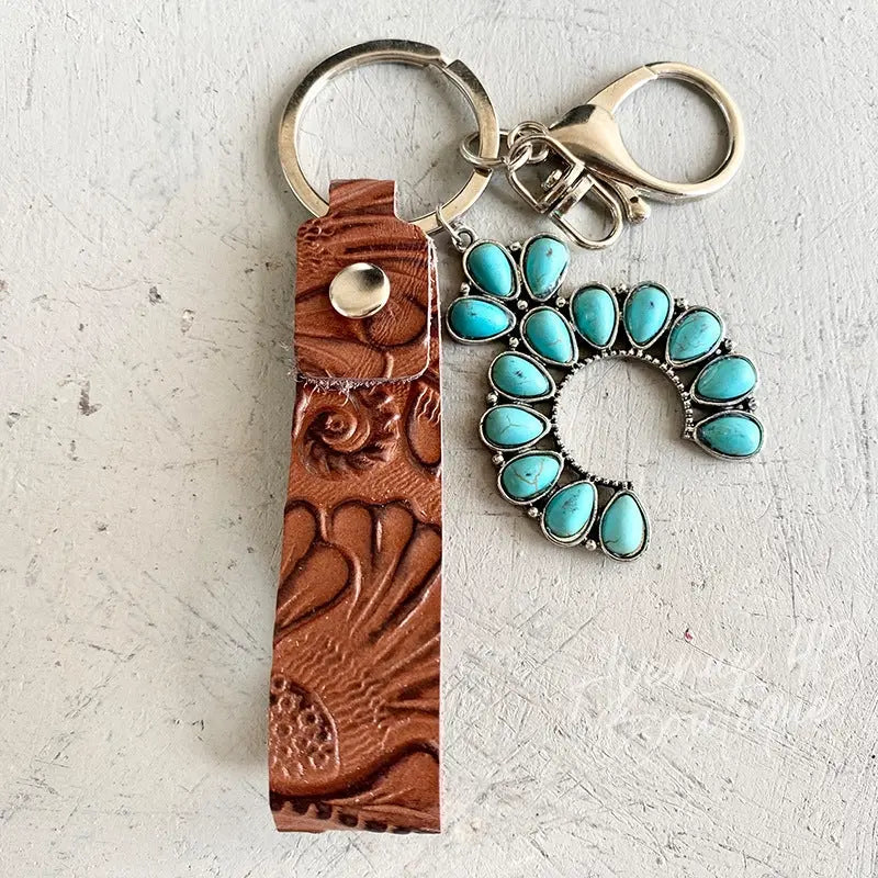 Turquoise Genuine Leather Key Chain Trendsi