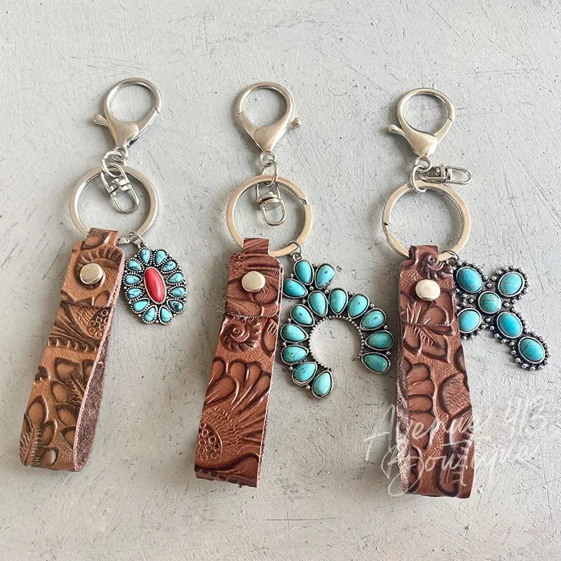 Turquoise Genuine Leather Key Chain Trendsi