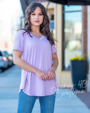 Basic V Neck Flattering Fit Top (Lavender) Avenue 413 Boutique