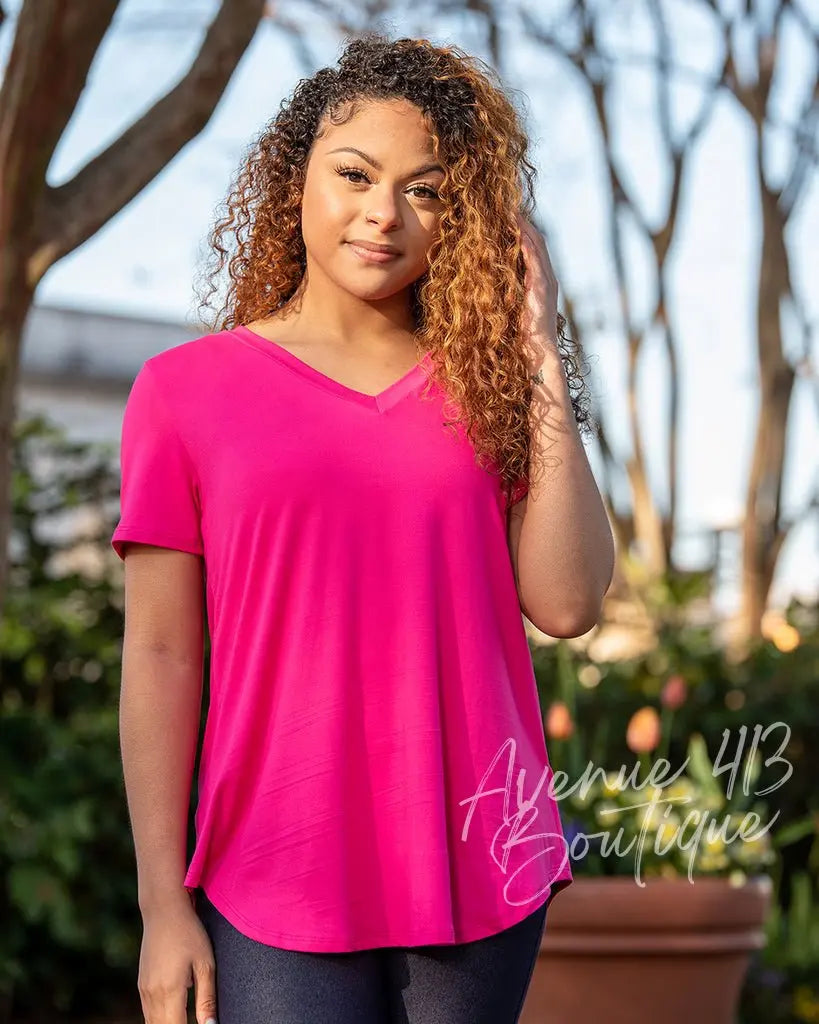 Basic V Neck Flattering Fit Top (The New Fuschia) Avenue 413 Boutique