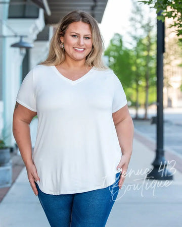 Basic V Neck Flattering Fit Top (White) Avenue 413 Boutique