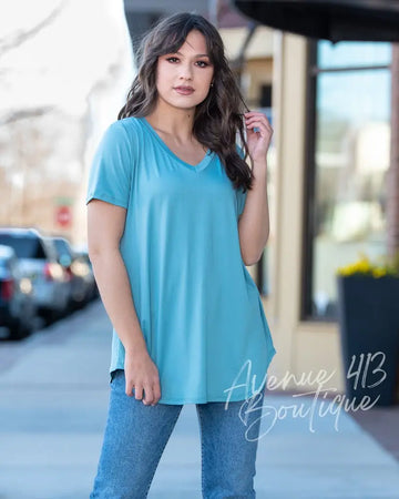 Basic V Neck, Short Sleeve Flattering Fit Top (OCEAN BLUE) Avenue 413 Boutique