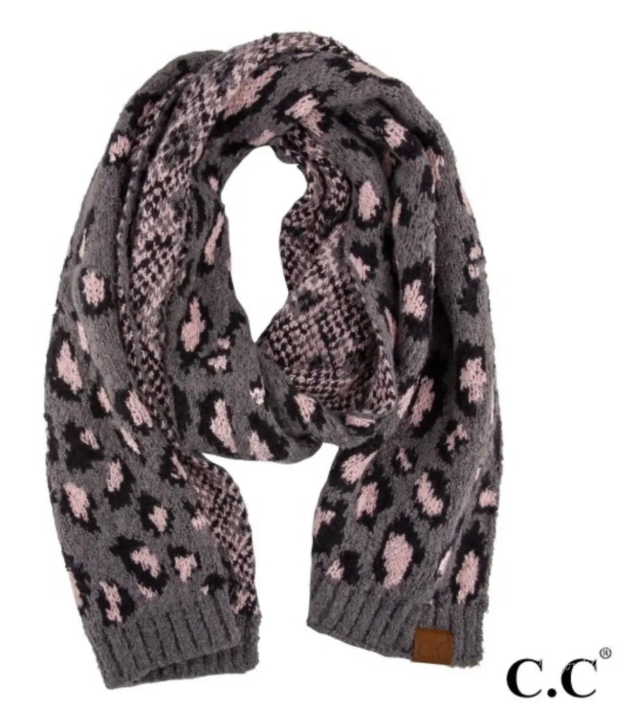 C.C. Super Soft Leopard Scarf Melange Gray w/ Lt. Pink Avenue 413 Boutique