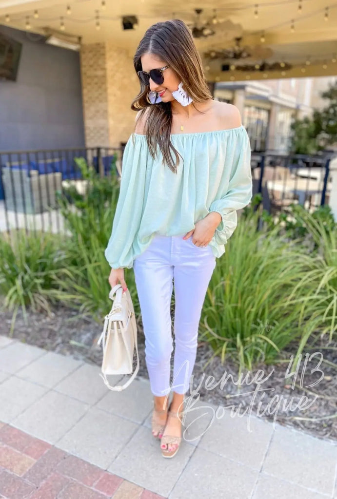 NEW Chasing Fame Satin Off the Shoulder Top Mint Avenue 413 Boutique