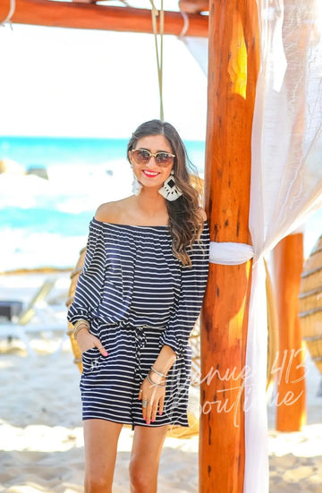 NEW Laguna Beach Striped Off The Shoulder Romper Navy Avenue 413 Boutique