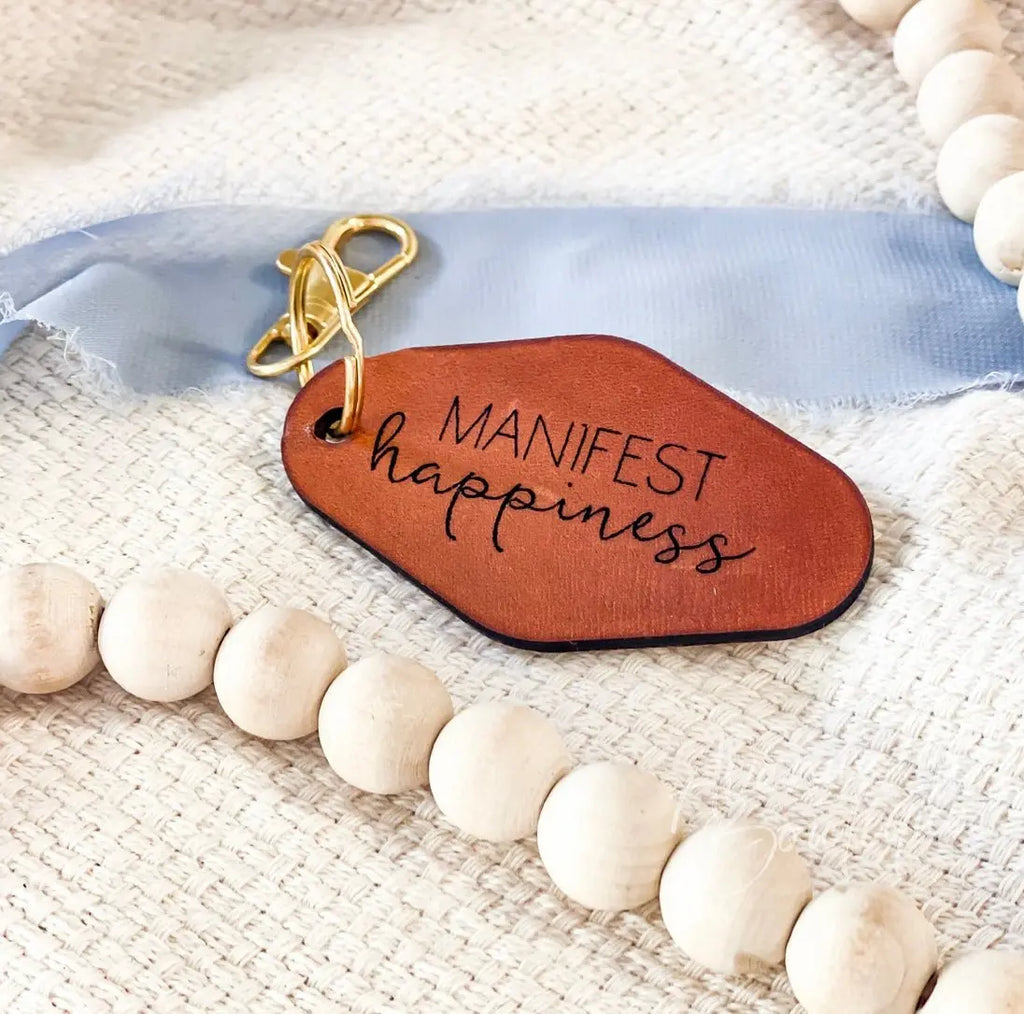 NEW Manifest Happiness Leather Keychain Avenue 413 Boutique